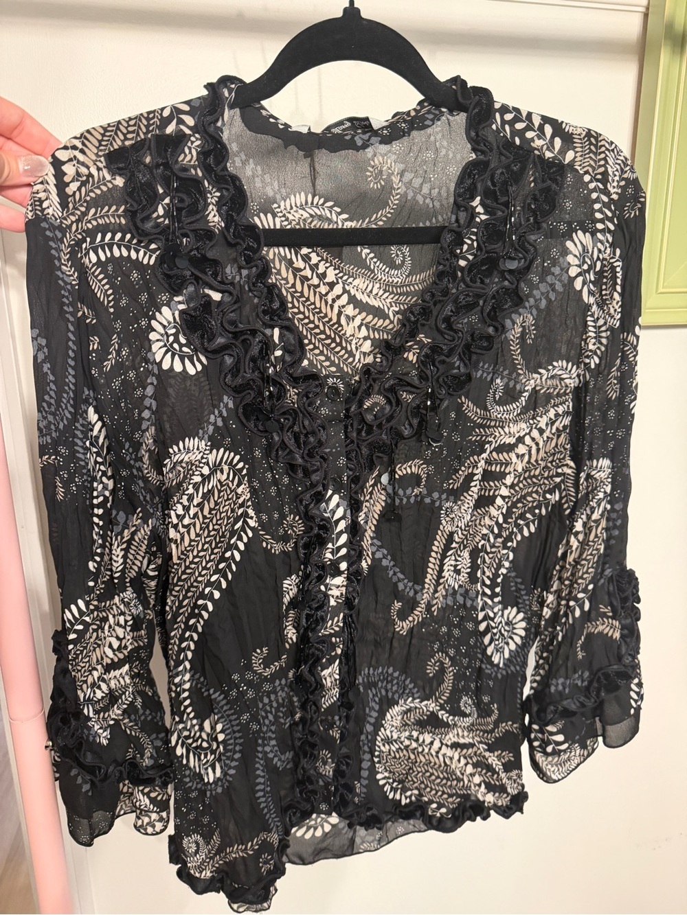 Signature by Larry Levine Beaded Ruffle Crinkle Velvet Paisley Blouse Whimsigoth